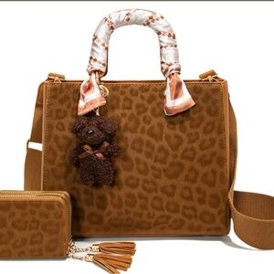 Brown Leopard Print Handbag with Scarf Handle